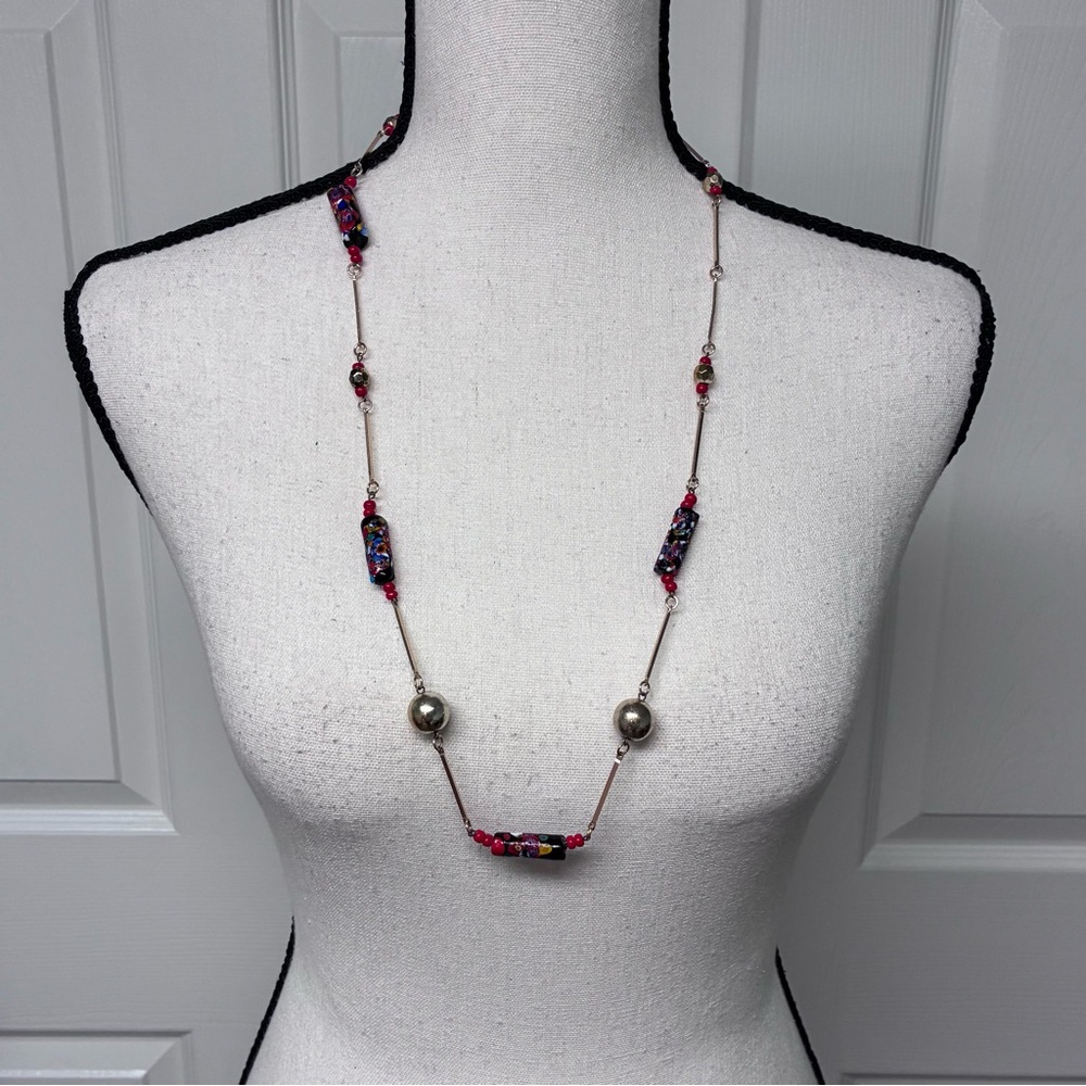 Vintage 70’s Millefiori Bead with Gold Tone Bar Link Chain Necklace